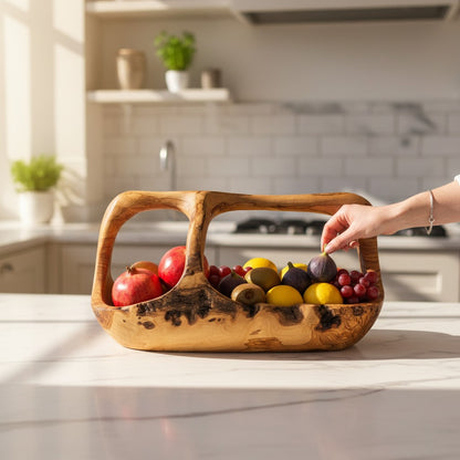 Artisan Olive Wood Fruit Basket with Integrated Handle – Hand-Carved Rustic Serving Caddy – Natural Wood Centerpiece (Sizes 15cm to 35cm+)