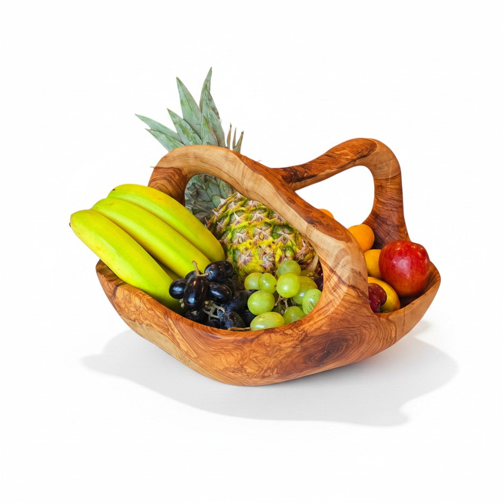 Artisan Olive Wood Fruit Basket with Integrated Handle – Hand-Carved Rustic Serving Caddy – Natural Wood Centerpiece (Sizes 15cm to 35cm+)