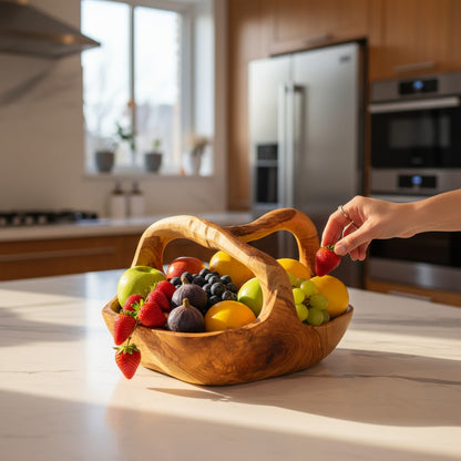 Artisan Olive Wood Fruit Basket with Integrated Handle – Hand-Carved Rustic Serving Caddy – Natural Wood Centerpiece (Sizes 15cm to 35cm+)