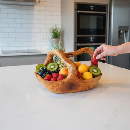 Artisan Olive Wood Fruit Basket with Integrated Handle – Hand-Carved Rustic Serving Caddy – Natural Wood Centerpiece (Sizes 15cm to 35cm+)