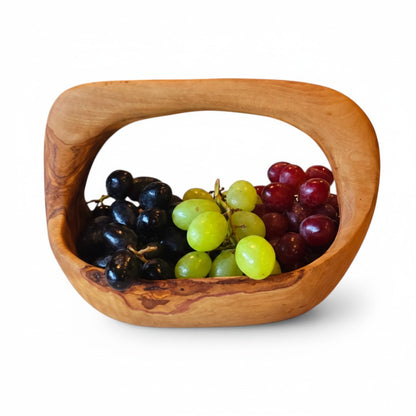 Artisan Olive Wood Fruit Basket with Integrated Handle – Hand-Carved Rustic Serving Caddy – Natural Wood Centerpiece (Sizes 15cm to 35cm+)