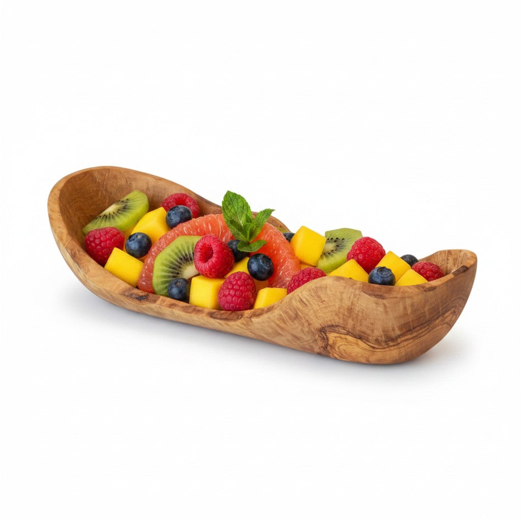 Handcrafted Olive Wood Boat Bowl – Rustic Canoe-Shaped Serving Platter – Natural Fruit & Bread Vessel (Available in Sizes 20cm to 35cm+)