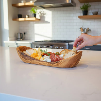 Handcrafted Olive Wood Boat Bowl – Rustic Canoe-Shaped Serving Platter – Natural Fruit & Bread Vessel (Available in Sizes 20cm to 35cm+)