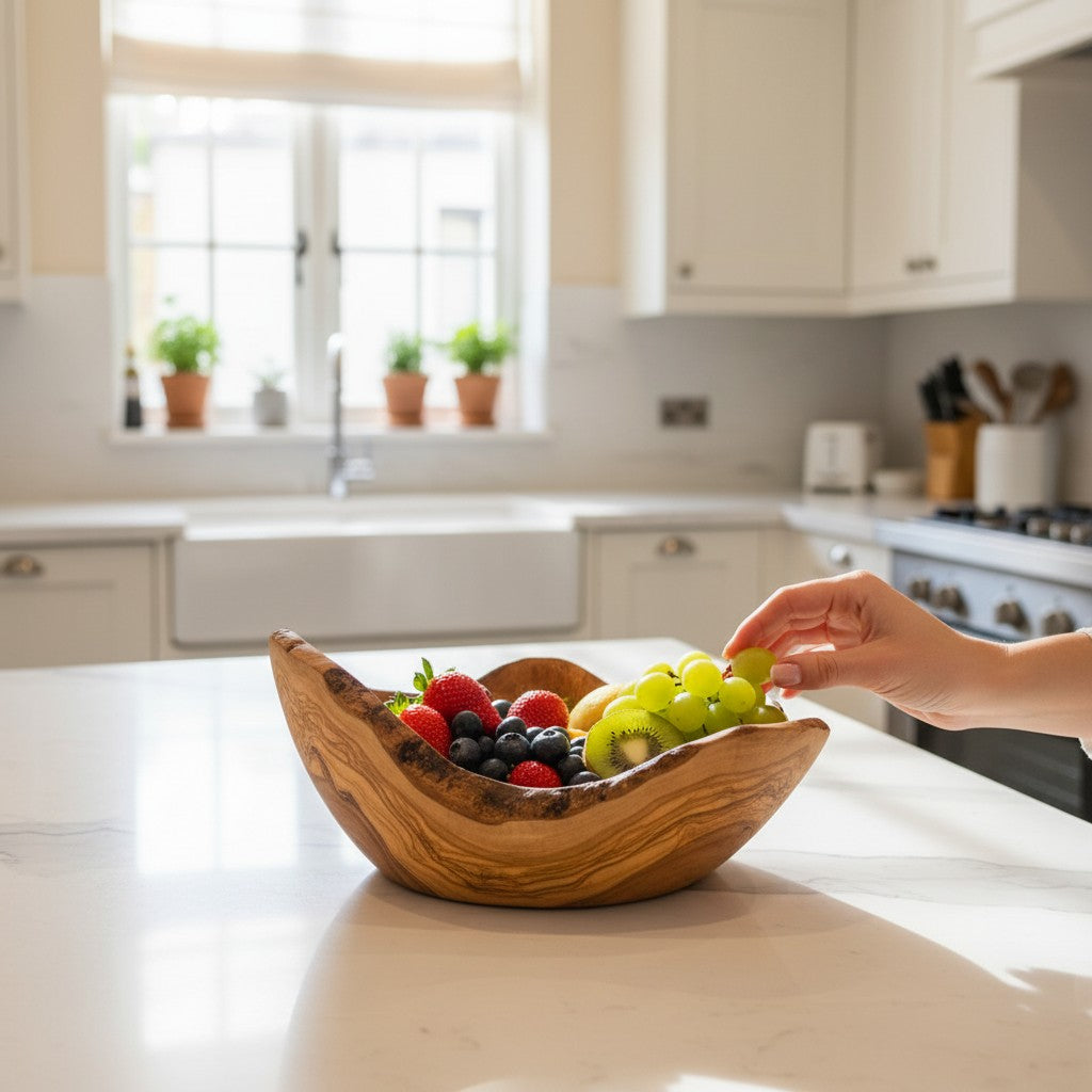 Handcrafted Olive Wood Boat Bowl – Rustic Canoe-Shaped Serving Platter – Natural Fruit & Bread Vessel (Available in Sizes 20cm to 35cm+)
