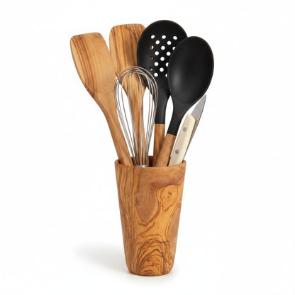 Luxury Solid Olive Wood Utensil Holder | Rustic Kitchen Countertop Storage Organizer