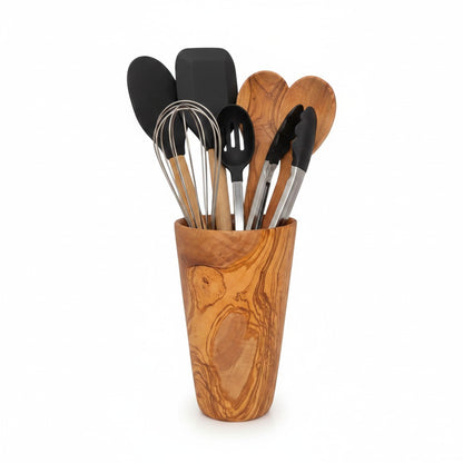 Luxury Solid Olive Wood Utensil Holder | Rustic Kitchen Countertop Storage Organizer