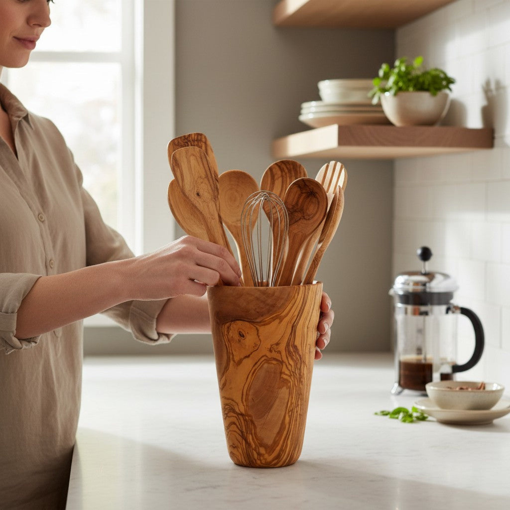 Luxury Solid Olive Wood Utensil Holder | Rustic Kitchen Countertop Storage Organizer