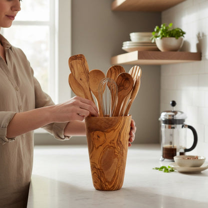 Luxury Solid Olive Wood Utensil Holder | Rustic Kitchen Countertop Storage Organizer