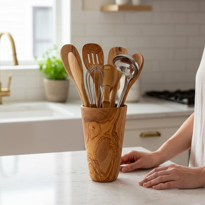 Luxury Solid Olive Wood Utensil Holder | Rustic Kitchen Countertop Storage Organizer