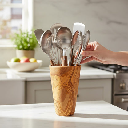 Luxury Solid Olive Wood Utensil Holder | Rustic Kitchen Countertop Storage Organizer