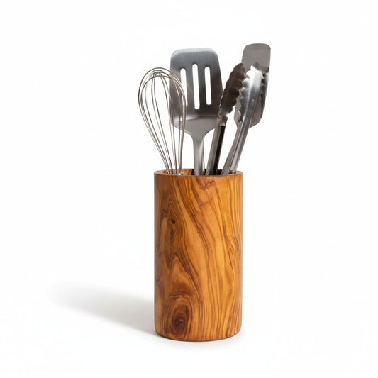 Olive Wood Utensil Holder | Wooden Kitchen Spatula Spoon Crocks Organizer
