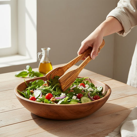 Handcrafted Olive Wood Salad Tongs - Non-Scratch Wooden Food Serving Scissors