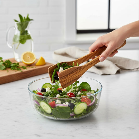 Handcrafted Olive Wood Salad Tongs - Non-Scratch Wooden Food Serving Scissors