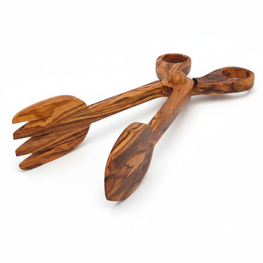 Olive Wood Salad Tongs | Wooden Serving Cooking Scissors Spoon Fork Food Clamps