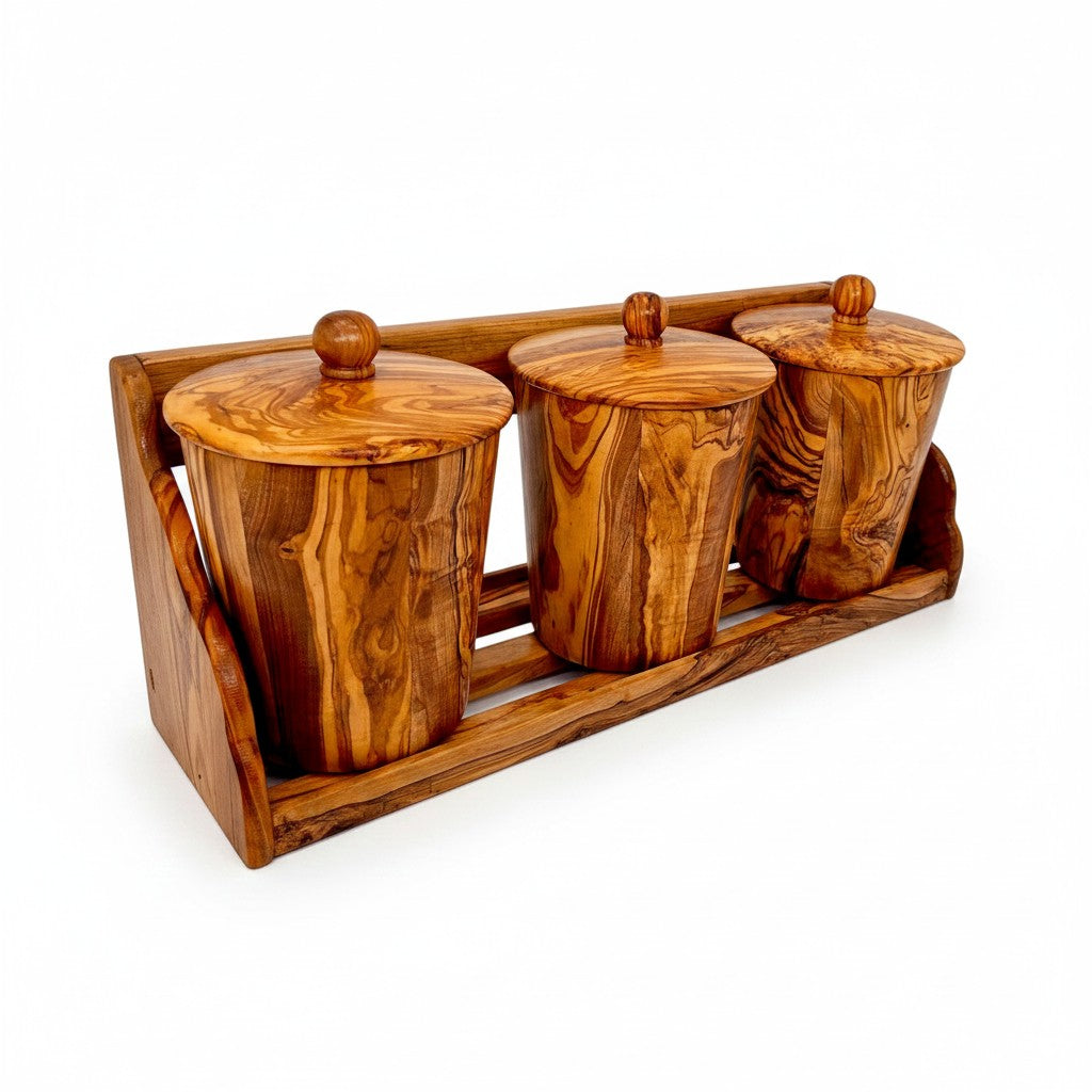 Olive Wood Storage Canister Set of 3 with Rack | Wooden Kitchen Spice Jar Pots
