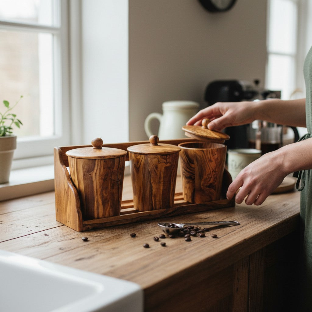 Olive Wood Storage Canister Set of 3 with Rack | Wooden Kitchen Spice Jar Pots