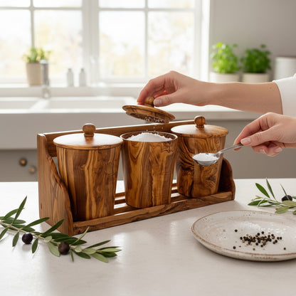 Olive Wood Storage Canister Set of 3 with Rack | Wooden Kitchen Spice Jar Pots