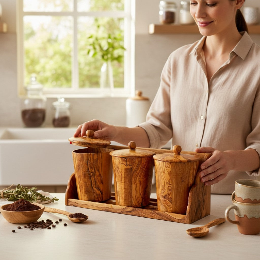 Olive Wood Storage Canister Set of 3 with Rack | Wooden Kitchen Spice Jar Pots