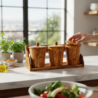 Olive Wood Storage Canister Set of 3 with Rack | Wooden Kitchen Spice Jar Pots
