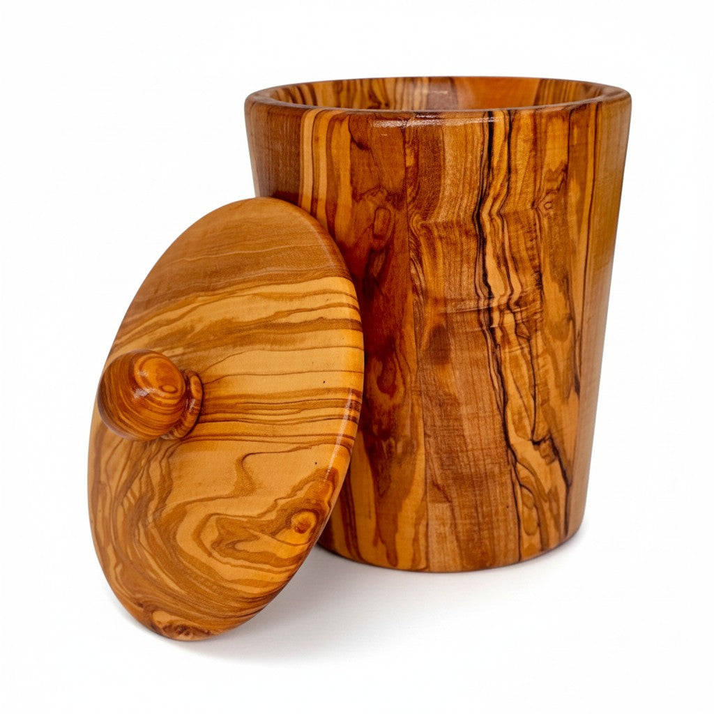Olive Wood Storage Canister Set of 3 with Rack | Wooden Kitchen Spice Jar Pots
