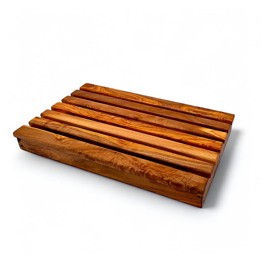 Olive wood Handcrafted Bread Cutting Board With Removable Slotted Cutting Grill And Base Serving Tray Crumb Catcher | Various Sizes