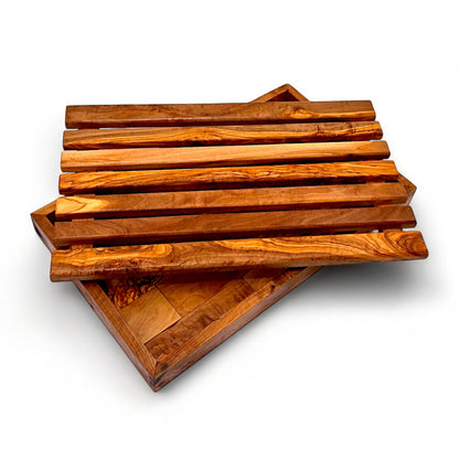 Olive wood Handcrafted Bread Cutting Board With Removable Slotted Cutting Grill And Base Serving Tray Crumb Catcher | Various Sizes