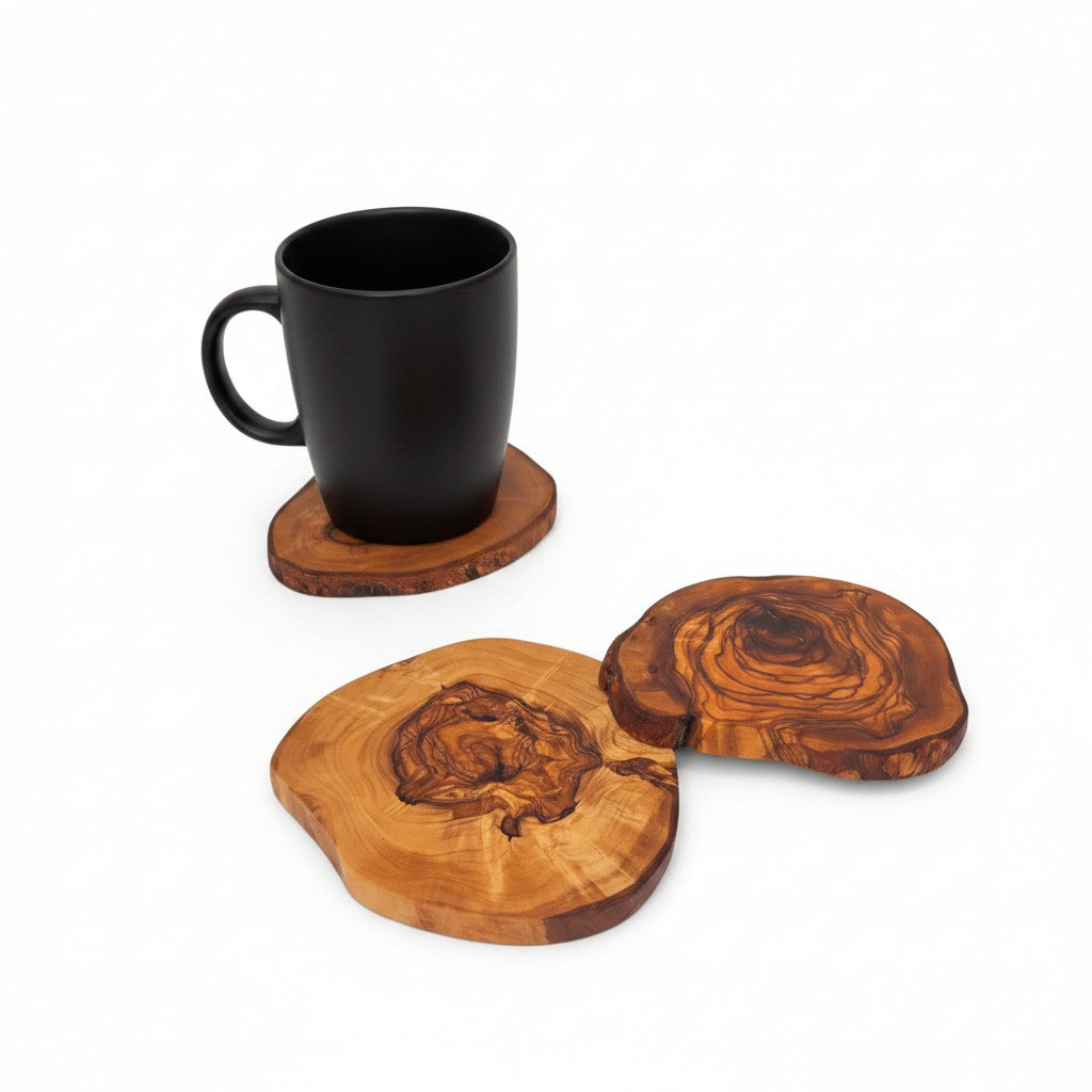 Handcrafted Olive Wood Coasters - Rustic Natural Look Drink Mat Table Protector