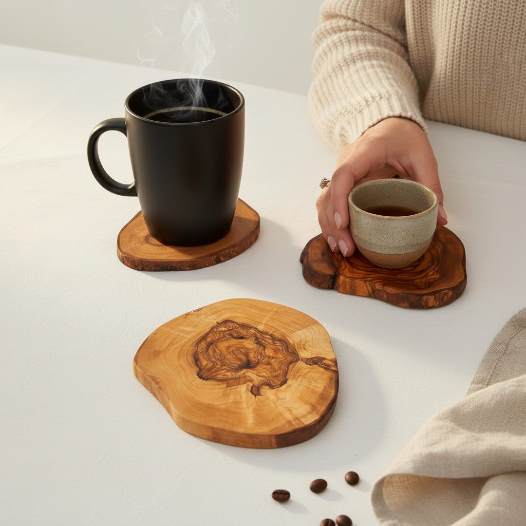 Handcrafted Olive Wood Coasters - Rustic Natural Look Drink Mat Table Protector