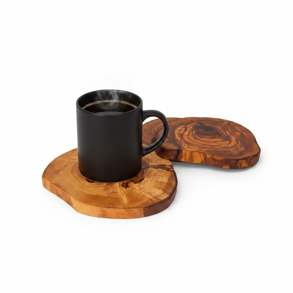 Handcrafted Olive Wood Coasters - Rustic Natural Look Drink Mat Table Protector