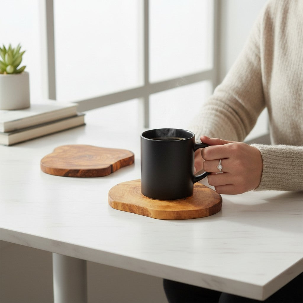 Handcrafted Olive Wood Coasters - Rustic Natural Look Drink Mat Table Protector
