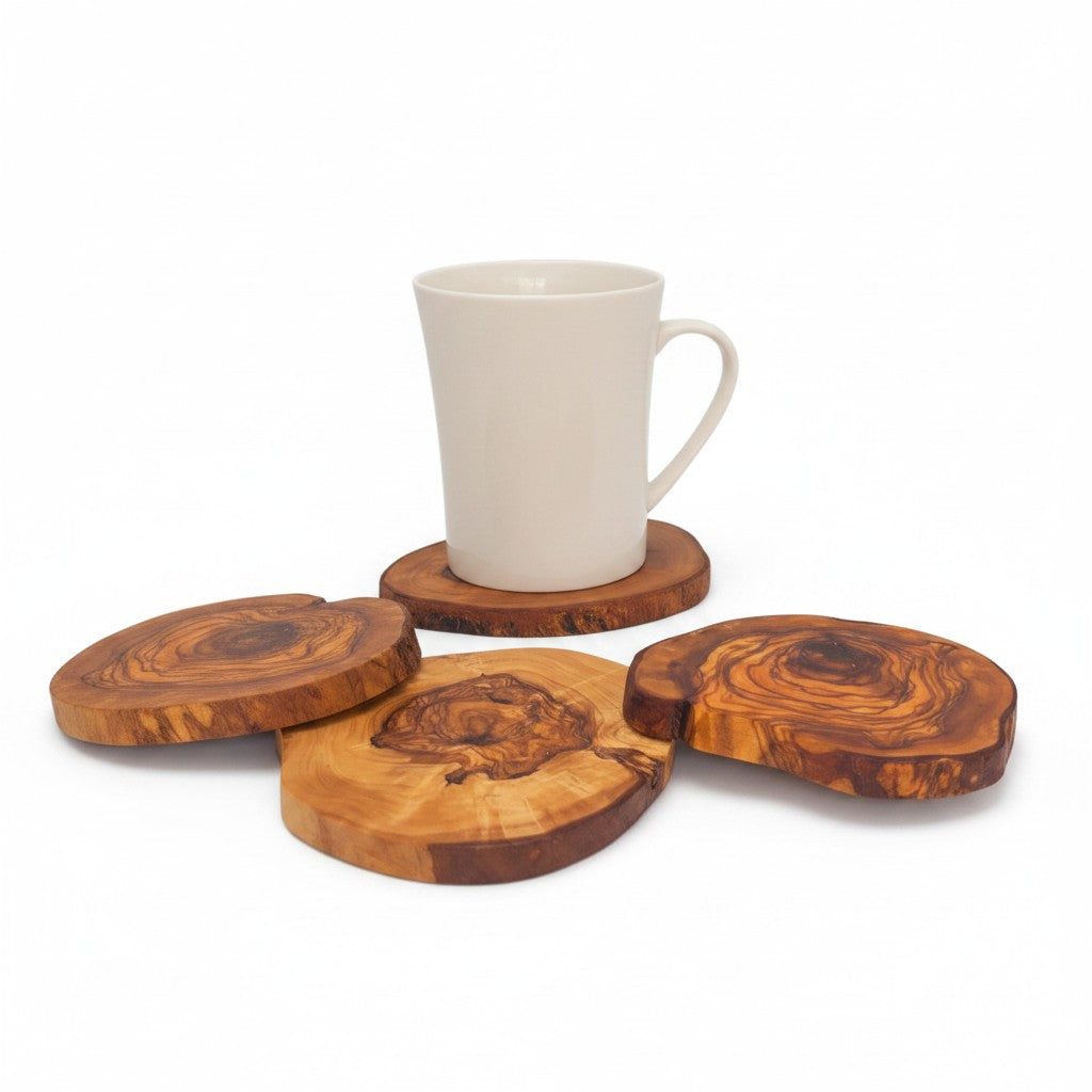 Handcrafted Olive Wood Coasters - Rustic Natural Look Drink Mat Table Protector