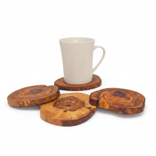 Handcrafted Olive Wood Coasters - Rustic Natural Look Drink Mat Table Protector