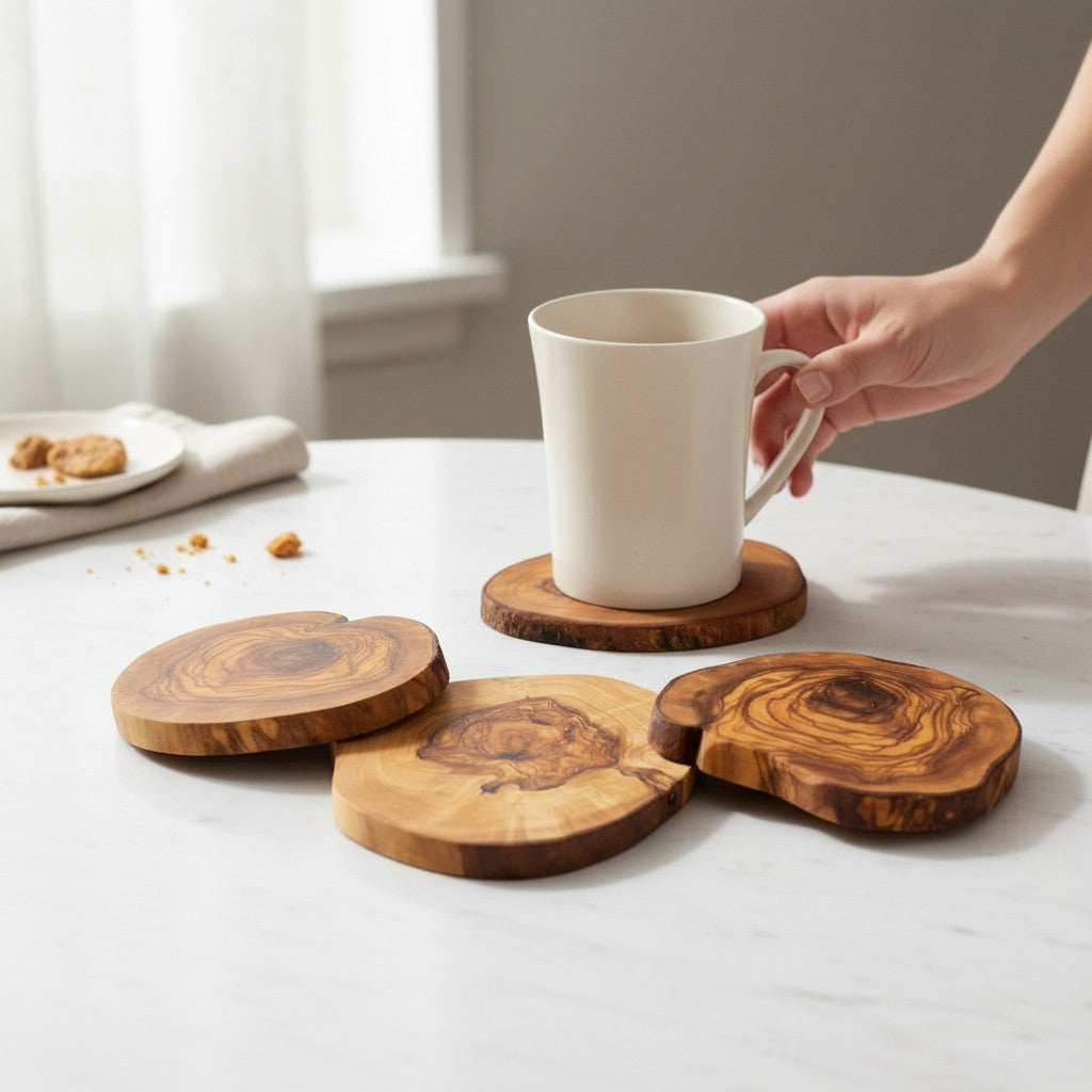 Handcrafted Olive Wood Coasters - Rustic Natural Look Drink Mat Table Protector