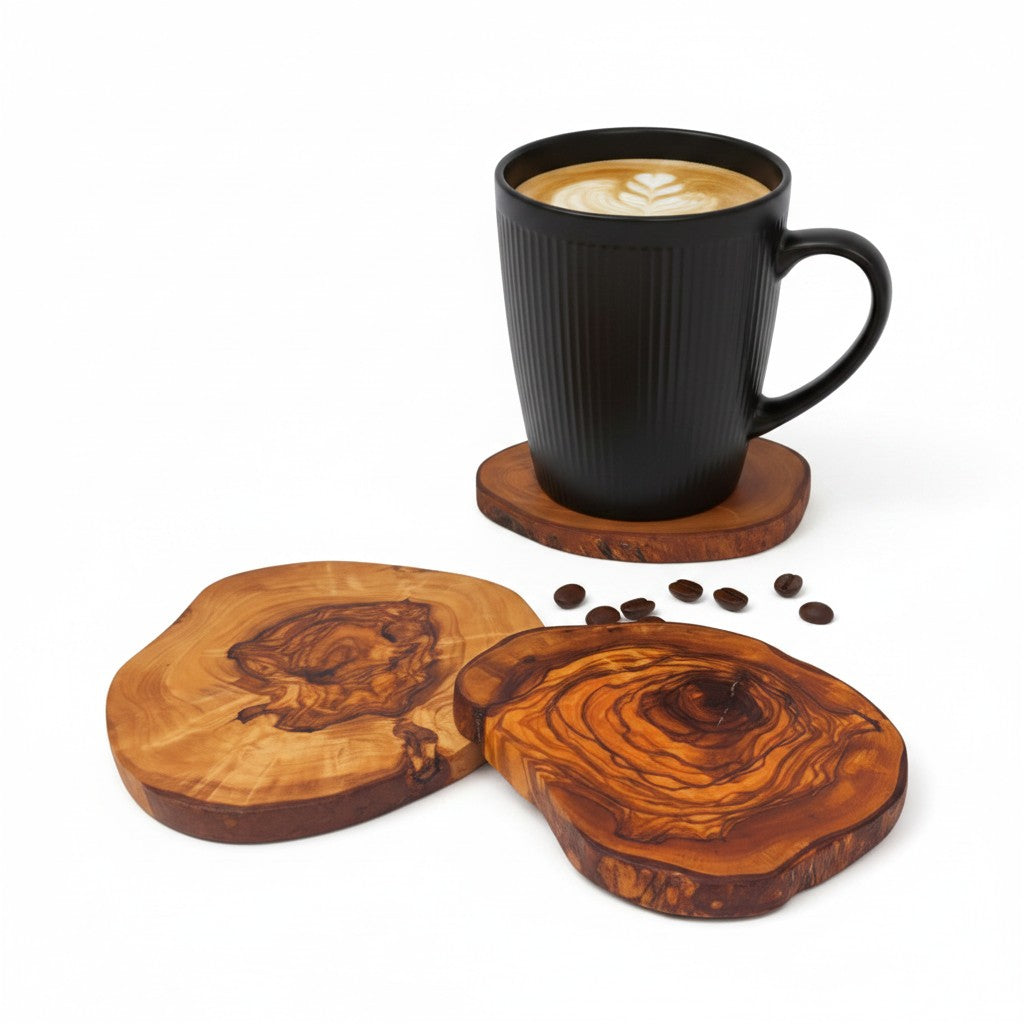 Handcrafted Olive Wood Coasters - Rustic Natural Look Drink Mat Table Protector