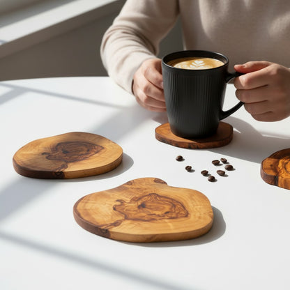 Handcrafted Olive Wood Coasters - Rustic Natural Look Drink Mat Table Protector