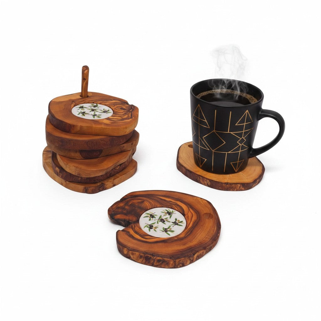 Handcrafted Olive Wood Coaster Set - Rustic Drink Coasters with Ceramic Inlay