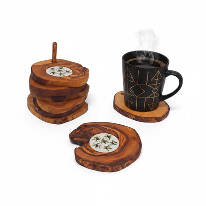 Handcrafted Olive Wood Coaster Set - Rustic Drink Coasters with Ceramic Inlay