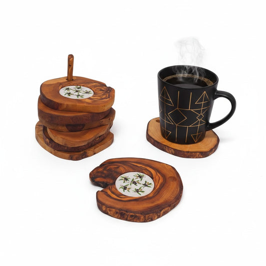 Handcrafted Olive Wood Coaster Set - Rustic Drink Coasters with Ceramic Inlay