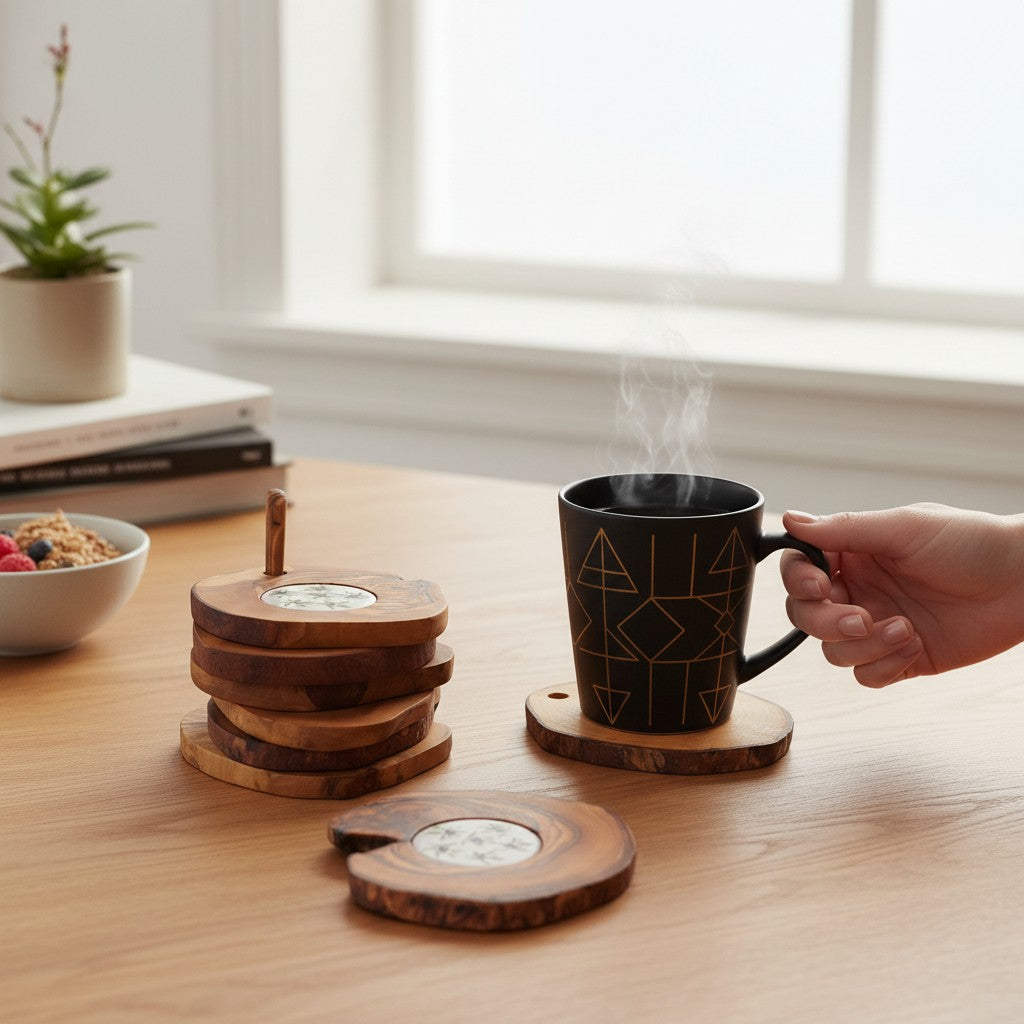 Handcrafted Olive Wood Coaster Set - Rustic Drink Coasters with Ceramic Inlay