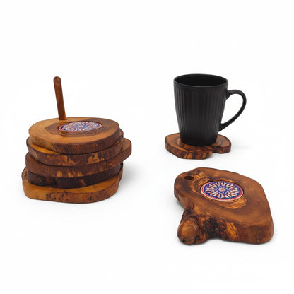 Handcrafted Olive Wood Coaster Set - Rustic Drink Coasters with Ceramic Inlay