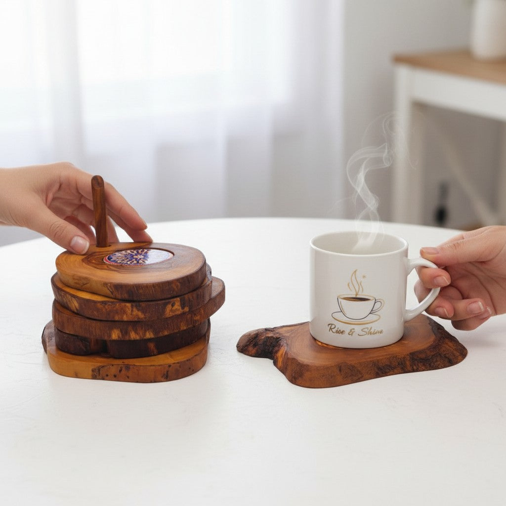 Handcrafted Olive Wood Coaster Set - Rustic Drink Coasters with Ceramic Inlay