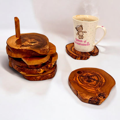 Olive Wood Rustic Coaster Set of 6 with Holder 12 cm