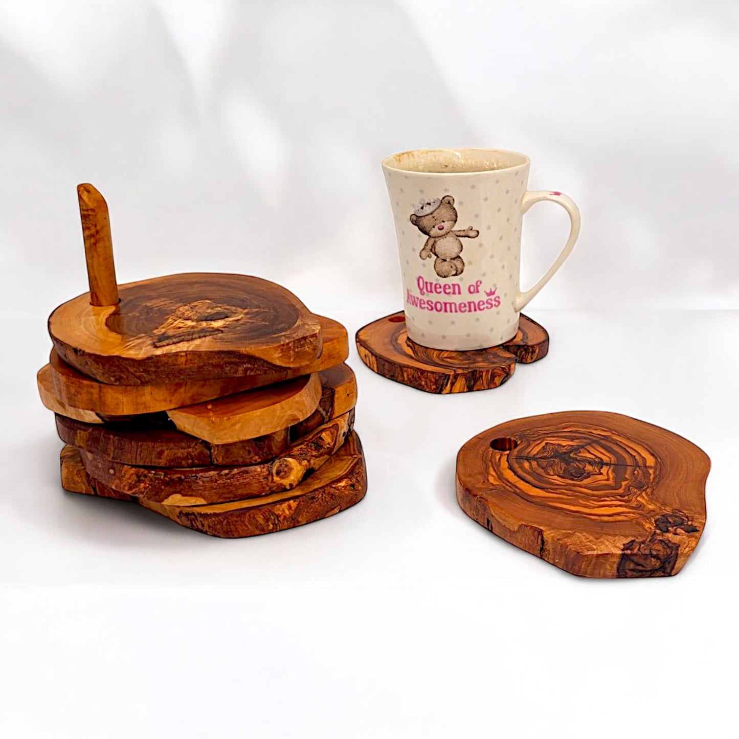 Olive Wood Rustic Coaster Set of 6 with Holder 12 cm