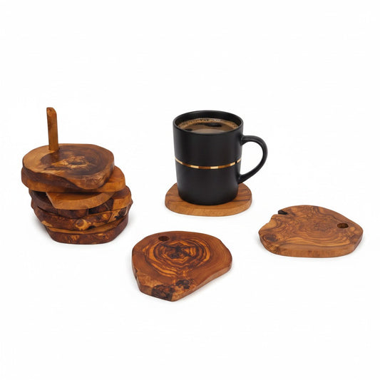 Handcrafted Olive Wood Coaster Set - Rustic Live Edge Drink Coasters with Holder