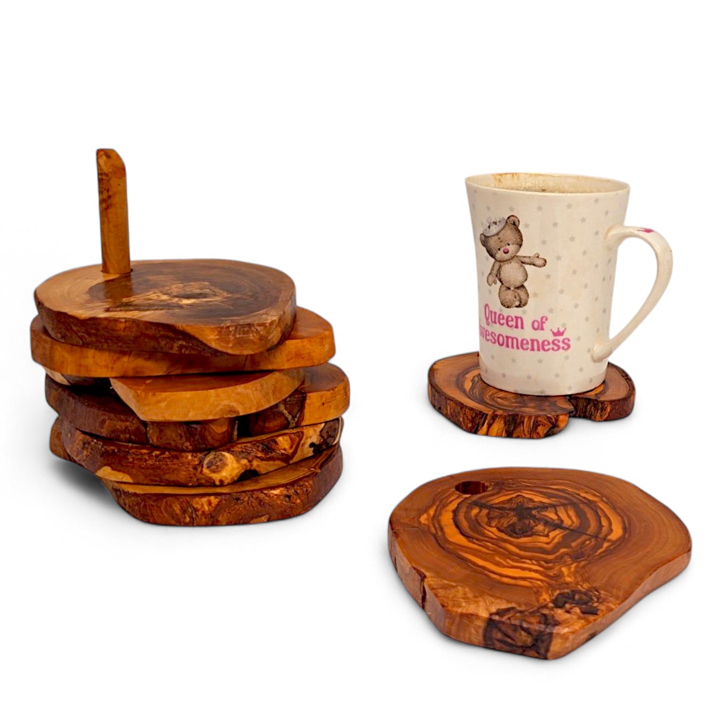 Olive Wood Rustic Coaster Set of 6 with Holder 12 cm