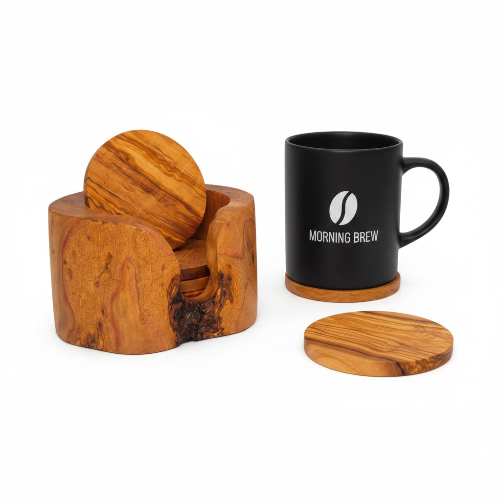 Handcrafted Olive Wood Coaster Set - Rustic Round Drink Coasters with Holder