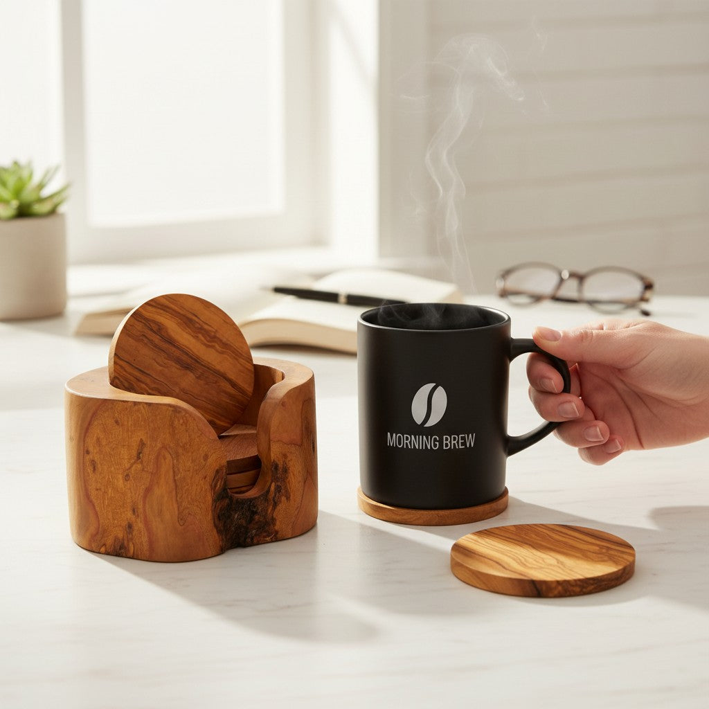 Handcrafted Olive Wood Coaster Set - Rustic Round Drink Coasters with Holder