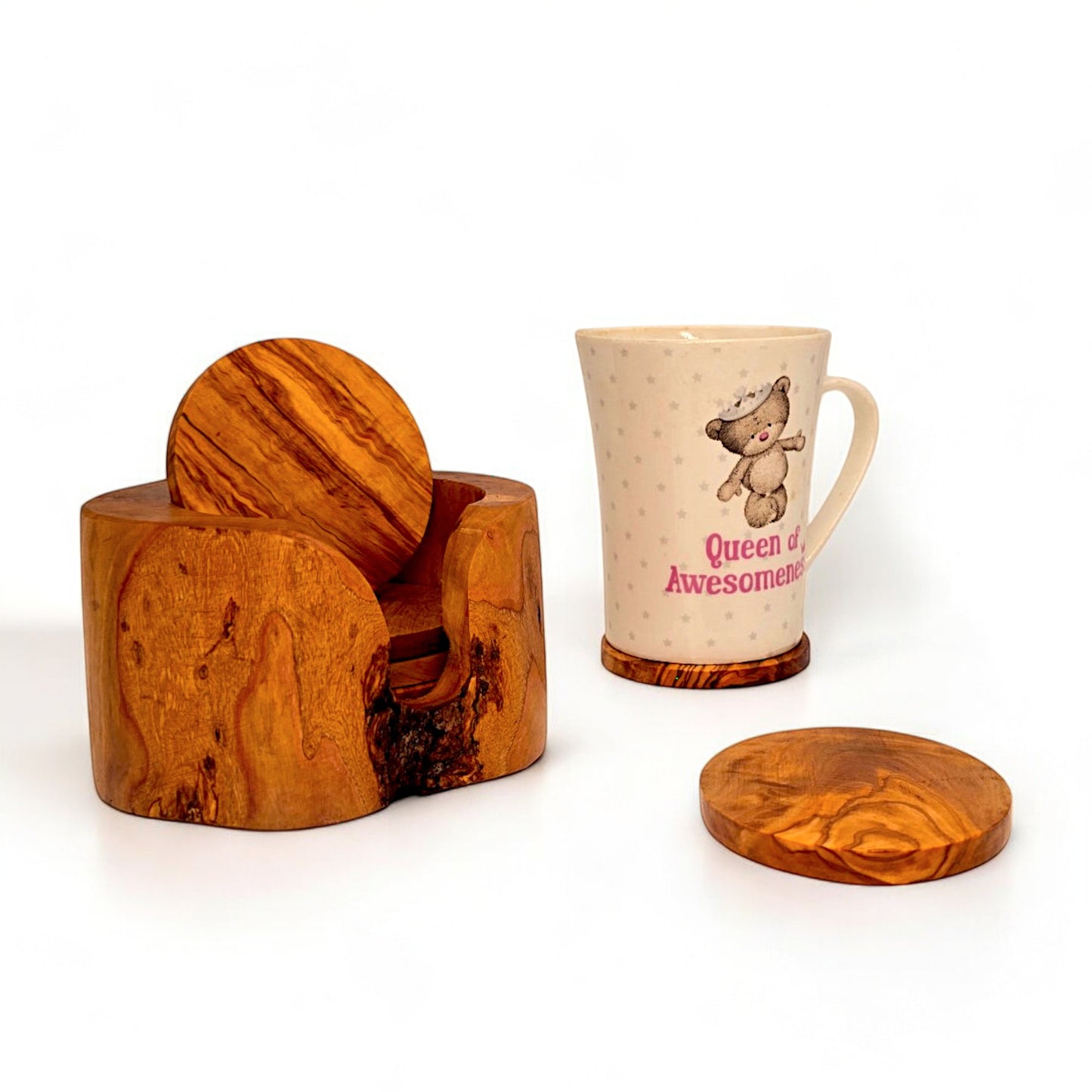 Olive Wood Coaster Set of 6 in Holder 12 cm