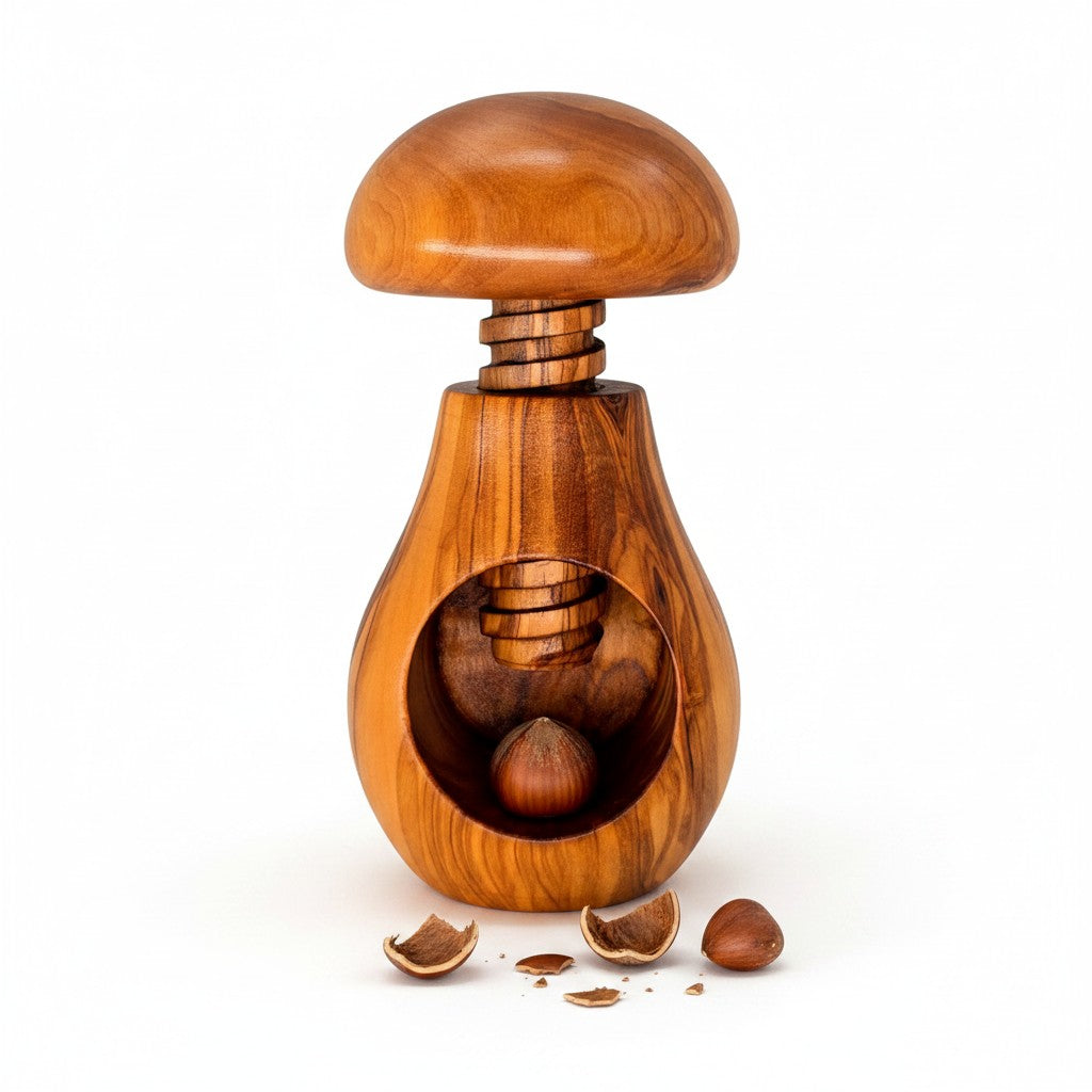 Olive Wood Mushroom Nutcracker | Wooden Screw Thread Manual Nut Breaker Tool