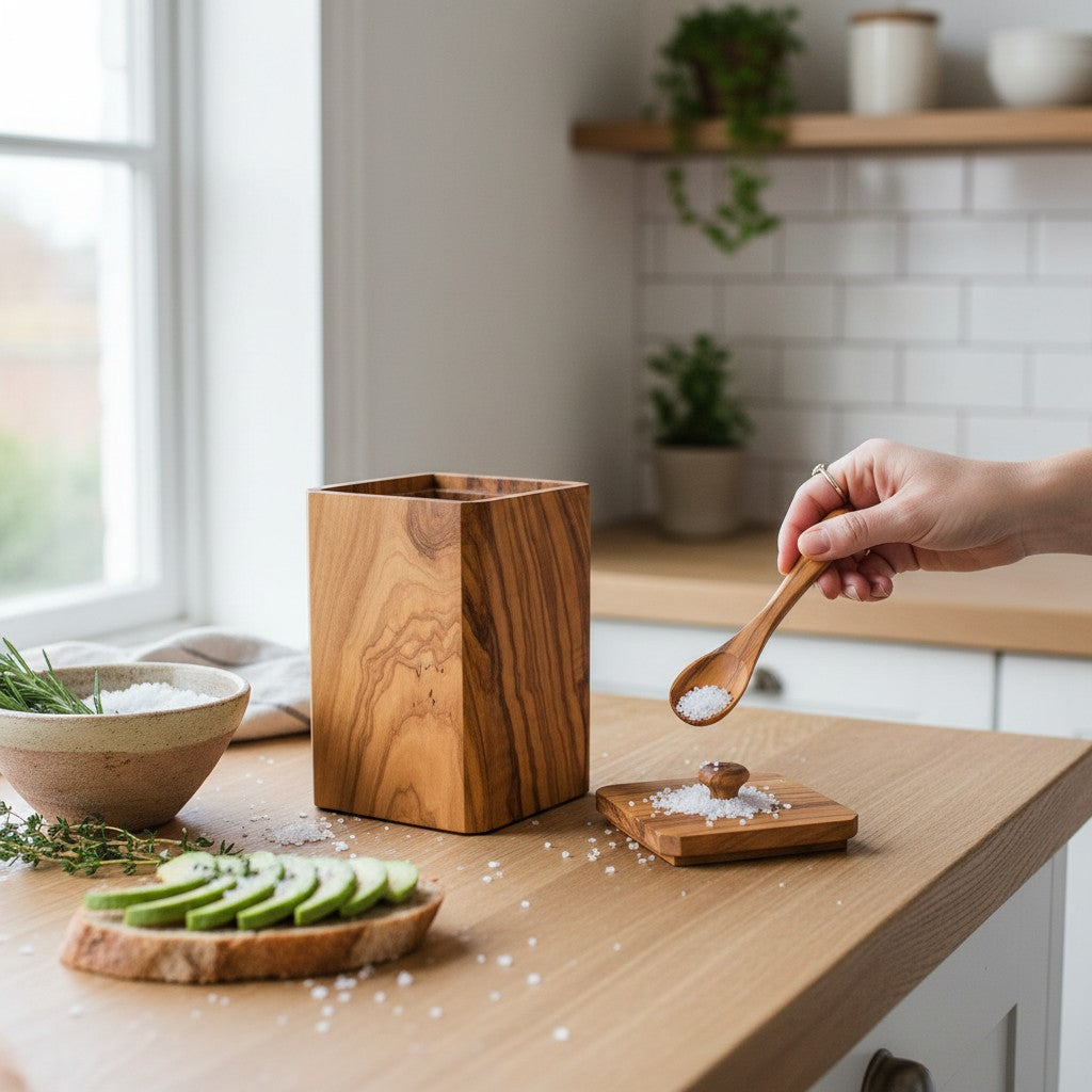 Handcrafted Olive Wood Square Salt Keeper - Wooden Spice Box Pots & Spoon